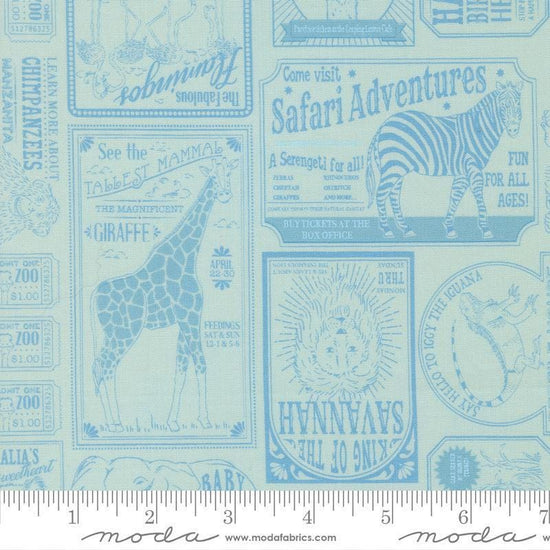 Image of Animal Park Fun Vintage Water quilting cotton fabric by Stacy Iest Hsu for Moda Fabrics. Features animals on a blue background. Cute Little Fabric Shop.