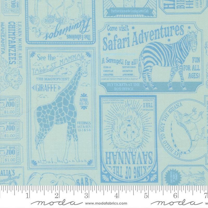 Image of Animal Park Fun Vintage Water quilting cotton fabric by Stacy Iest Hsu for Moda Fabrics. Features animals on a blue background. Cute Little Fabric Shop.