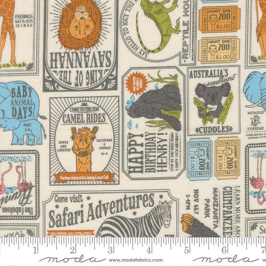 Image of Animal Park Fun Vintage Dove quilting cotton fabric by Stacy Iest Hsu for Moda Fabrics. Features animals on a cream background. Cute Little Fabric Shop.