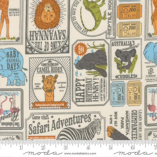 Image of Animal Park Fun Vintage Dove quilting cotton fabric by Stacy Iest Hsu for Moda Fabrics. Features animals on a cream background. Cute Little Fabric Shop.