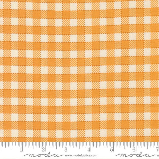 Image of Animal Park Fun Checks Canary quilting cotton fabric by Stacy Iest Hsu for Moda Fabrics. Features checks on an orange background. Cute Little Fabric Shop.