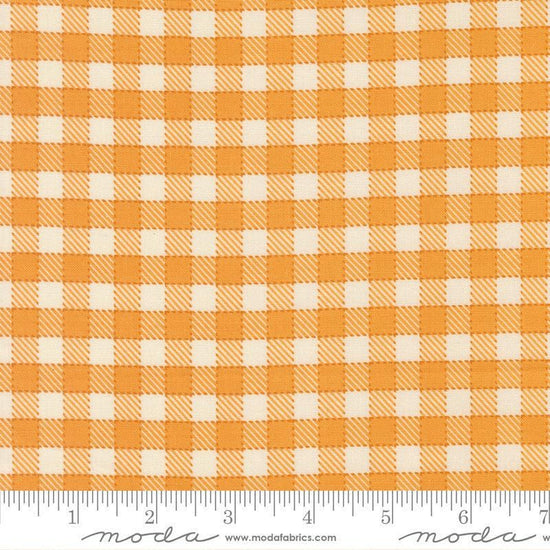 Image of Animal Park Fun Checks Canary quilting cotton fabric by Stacy Iest Hsu for Moda Fabrics. Features checks on an orange background. Cute Little Fabric Shop.