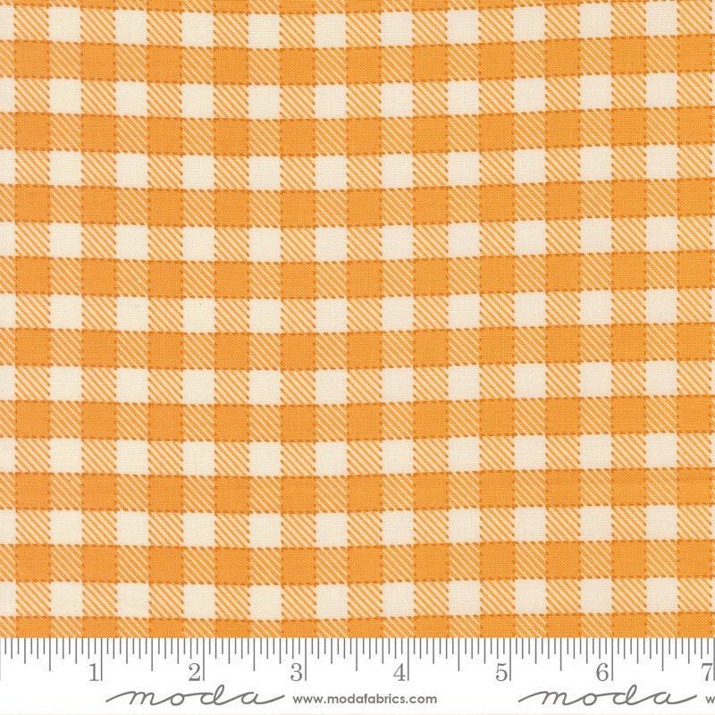 Image of Animal Park Fun Checks Canary quilting cotton fabric by Stacy Iest Hsu for Moda Fabrics. Features checks on an orange background. Cute Little Fabric Shop.