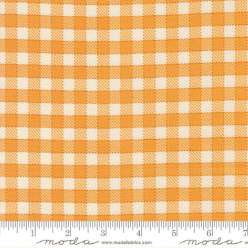 Image of Animal Park Fun Checks Canary quilting cotton fabric by Stacy Iest Hsu for Moda Fabrics. Features checks on an orange background. Cute Little Fabric Shop.