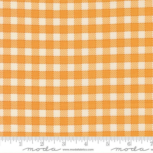 Image of Animal Park Fun Checks Canary quilting cotton fabric by Stacy Iest Hsu for Moda Fabrics. Features checks on an orange background. Cute Little Fabric Shop.