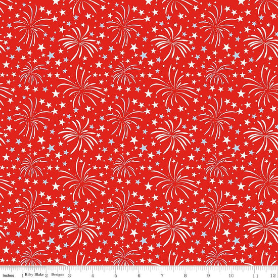 Image of Firecracker Fireworks Red Hen quilting cotton fabric by My Mind's Eye for Riley Blake Designs. Features stars on a red background. Cute Little Fabric Shop.