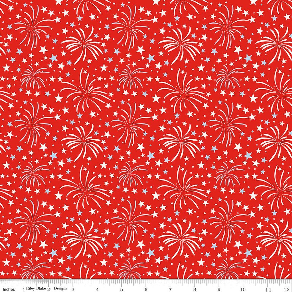 Image of Firecracker Fireworks Red Hen quilting cotton fabric by My Mind's Eye for Riley Blake Designs. Features stars on a red background. Cute Little Fabric Shop.