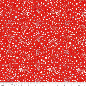 Image of Firecracker Fireworks Red Hen quilting cotton fabric by My Mind's Eye for Riley Blake Designs. Features stars on a red background. Cute Little Fabric Shop.