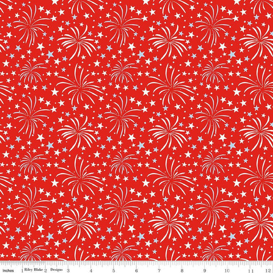 Image of Firecracker Fireworks Red Hen quilting cotton fabric by My Mind's Eye for Riley Blake Designs. Features stars on a red background. Cute Little Fabric Shop.