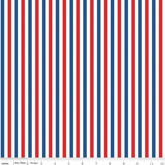 Image of Firecracker Stripes Multi quilting cotton fabric by My Mind's Eye for Riley Blake Designs. Features stripes on a white background. Cute Little Fabric Shop.