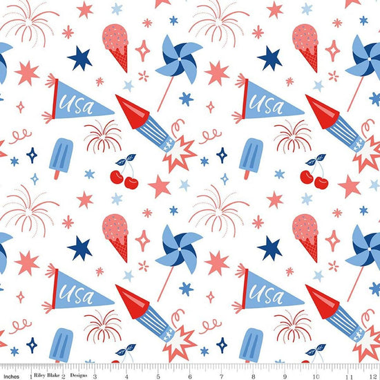 Image of Firecracker Main White quilting cotton fabric by My Mind's Eye for Riley Blake Designs. Features stars, rockets, and fireworks on a white background. Cute Little Fabric Shop.