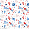 Image of Firecracker Main White quilting cotton fabric by My Mind's Eye for Riley Blake Designs. Features stars, rockets, and fireworks on a white background. Cute Little Fabric Shop.
