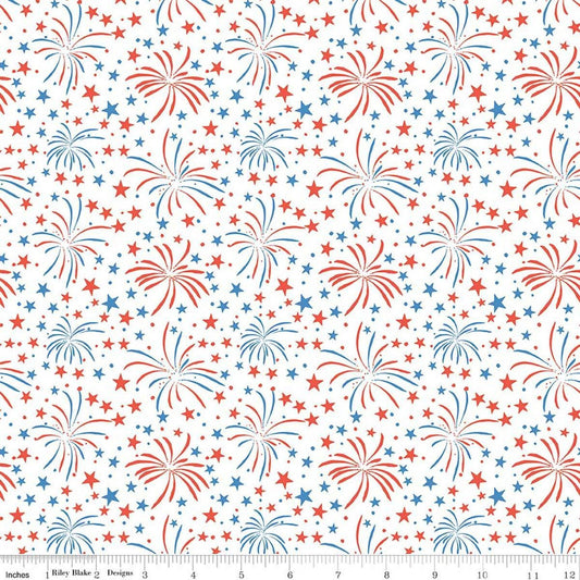 Image of Firecracker Fireworks White quilting cotton fabric by My Mind's Eye for Riley Blake Designs. Features stars on a white background. Cute Little Fabric Shop.