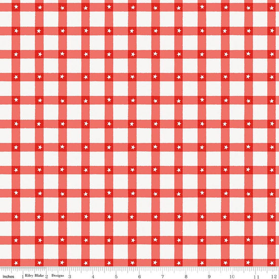 Image of Firecracker Plaid Red Hen quilting cotton fabric by My Mind's Eye for Riley Blake Designs. Features plaid on a red background. Cute Little Fabric Shop.
