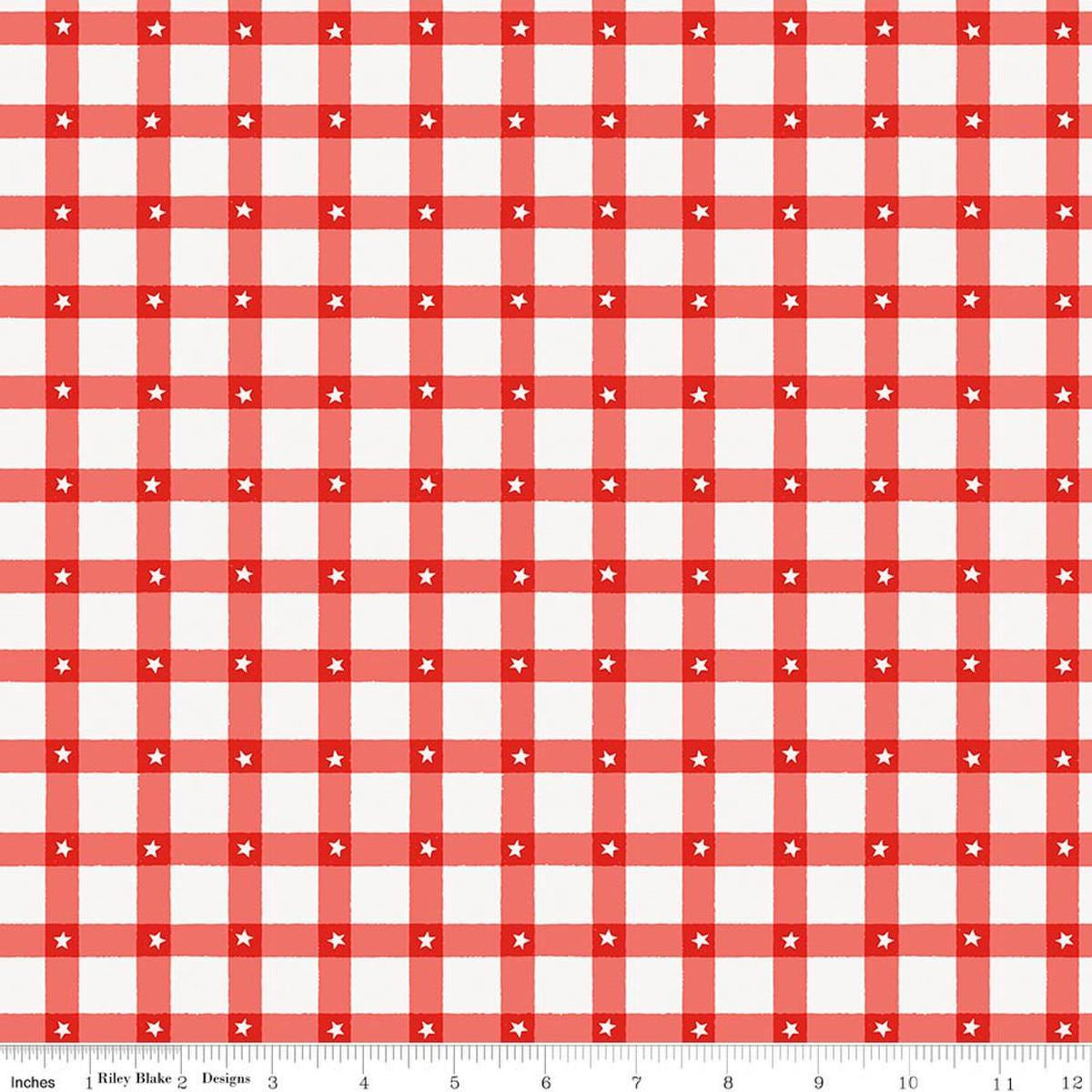 Image of Firecracker Plaid Red Hen quilting cotton fabric by My Mind's Eye for Riley Blake Designs. Features plaid on a red background. Cute Little Fabric Shop.