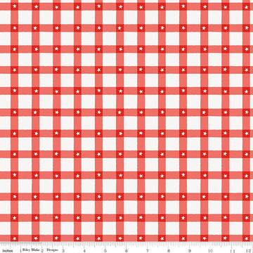 Image of Firecracker Plaid Red Hen quilting cotton fabric by My Mind's Eye for Riley Blake Designs. Features plaid on a red background. Cute Little Fabric Shop.