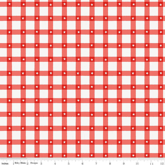 Image of Firecracker Plaid Red Hen quilting cotton fabric by My Mind's Eye for Riley Blake Designs. Features plaid on a red background. Cute Little Fabric Shop.