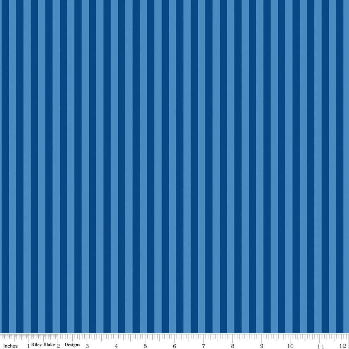 Image of Firecracker Stripes Blue quilting cotton fabric by My Mind's Eye for Riley Blake Designs. Features stripes on a blue background. Cute Little Fabric Shop.