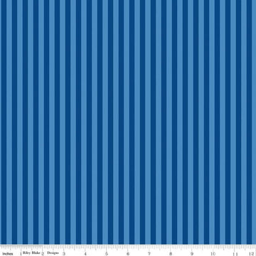 Image of Firecracker Stripes Blue quilting cotton fabric by My Mind's Eye for Riley Blake Designs. Features stripes on a blue background. Cute Little Fabric Shop.