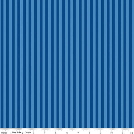 Image of Firecracker Stripes Blue quilting cotton fabric by My Mind's Eye for Riley Blake Designs. Features stripes on a blue background. Cute Little Fabric Shop.