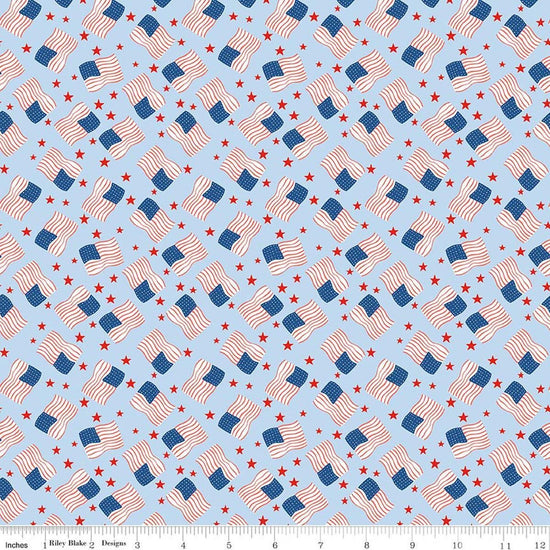 Image of Firecracker Flags Frost quilting cotton fabric by My Mind's Eye for Riley Blake Designs. Features flags on a blue background. Cute Little Fabric Shop.