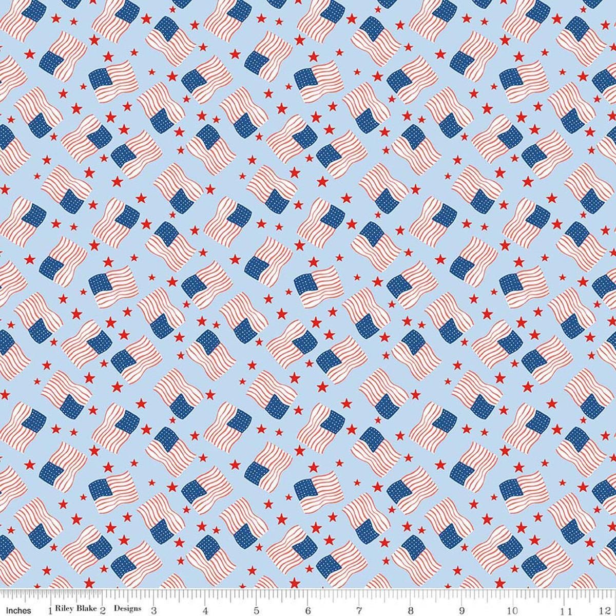 Image of Firecracker Flags Frost quilting cotton fabric by My Mind's Eye for Riley Blake Designs. Features flags on a blue background. Cute Little Fabric Shop.