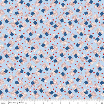Image of Firecracker Flags Frost quilting cotton fabric by My Mind's Eye for Riley Blake Designs. Features flags on a blue background. Cute Little Fabric Shop.