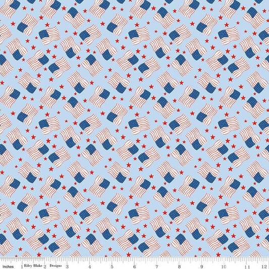 Image of Firecracker Flags Frost quilting cotton fabric by My Mind's Eye for Riley Blake Designs. Features flags on a blue background. Cute Little Fabric Shop.
