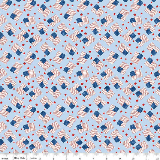 Image of Firecracker Flags Frost quilting cotton fabric by My Mind's Eye for Riley Blake Designs. Features flags on a blue background. Cute Little Fabric Shop.