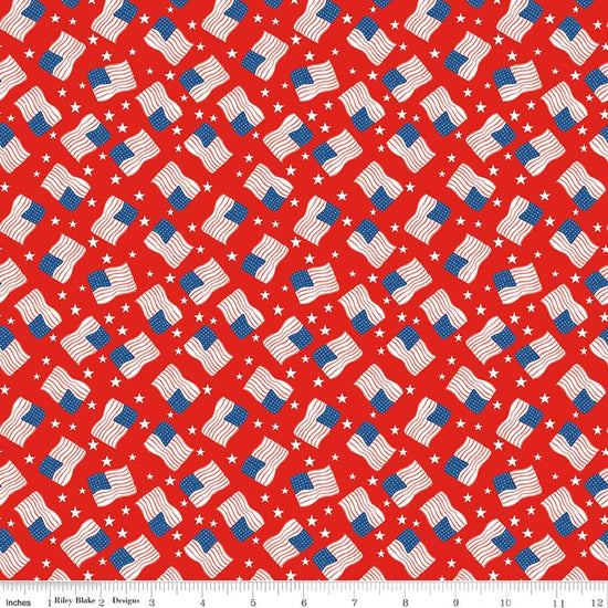 Image of Firecracker Flags Red Hen quilting cotton fabric by My Mind's Eye for Riley Blake Designs. Features flags on a red background. Cute Little Fabric Shop.