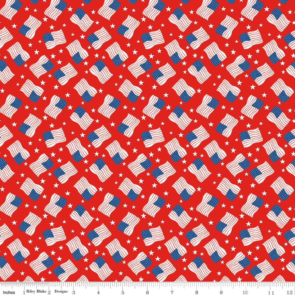 Image of Firecracker Flags Red Hen quilting cotton fabric by My Mind's Eye for Riley Blake Designs. Features flags on a red background. Cute Little Fabric Shop.