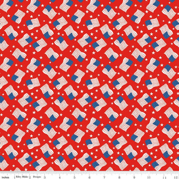 Image of Firecracker Flags Red Hen quilting cotton fabric by My Mind's Eye for Riley Blake Designs. Features flags on a red background. Cute Little Fabric Shop.