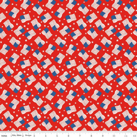 Image of Firecracker Flags Red Hen quilting cotton fabric by My Mind's Eye for Riley Blake Designs. Features flags on a red background. Cute Little Fabric Shop.
