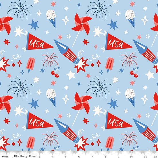 Image of Firecracker Main Frost quilting cotton fabric by My Mind's Eye for Riley Blake Designs. Features stars, rockets, and fireworks on a blue background. Cute Little Fabric Shop.