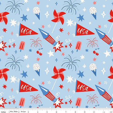 Image of Firecracker Main Frost quilting cotton fabric by My Mind's Eye for Riley Blake Designs. Features stars, rockets, and fireworks on a blue background. Cute Little Fabric Shop.