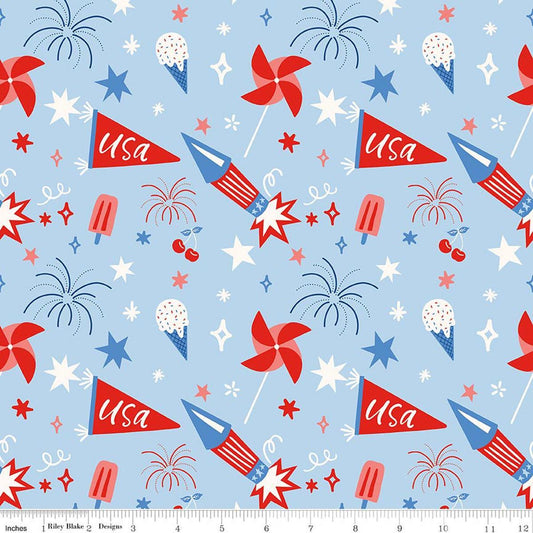 Image of Firecracker Main Frost quilting cotton fabric by My Mind's Eye for Riley Blake Designs. Features stars, rockets, and fireworks on a blue background. Cute Little Fabric Shop.