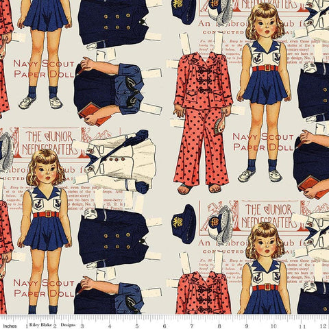 Image of Sew America Navy Scout Paper Dolls Gray quilting cotton fabric by J. Wecker Frisch for Riley Blake Designs. Features vintage American paper dolls on a gray background. Cute Little Fabric Shop.