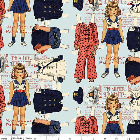 Image of Sew America Navy Scout Paper Dolls Blue quilting cotton fabric by J. Wecker Frisch for Riley Blake Designs. Features vintage American paper dolls on a blue background. Cute Little Fabric Shop.