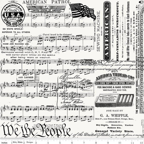 Image of Sew America Patriotic Text quilting cotton fabric by J. Wecker Frisch for Riley Blake Designs. Features vintage American sheet music on a white background. Cute Little Fabric Shop.