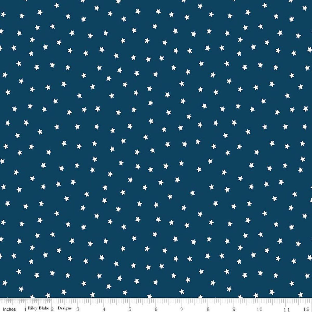 Image of Sew America Star Toss Blue quilting cotton fabric by J. Wecker Frisch for Riley Blake Designs. Features vintage American stars on a blue background. Cute Little Fabric Shop.