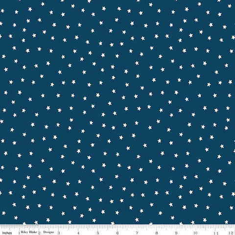 Image of Sew America Star Toss Blue quilting cotton fabric by J. Wecker Frisch for Riley Blake Designs. Features vintage American stars on a blue background. Cute Little Fabric Shop.