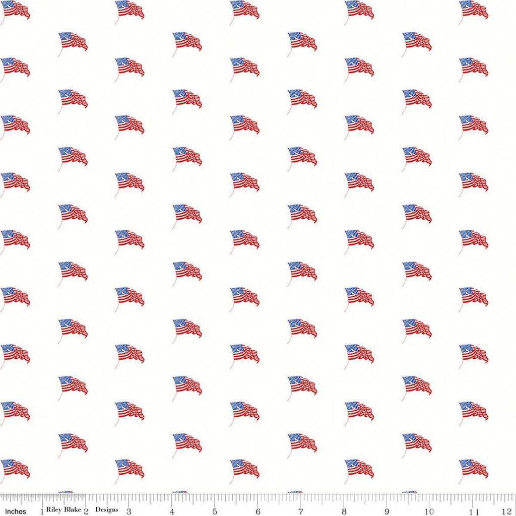 Image of Sew America USA Flags White quilting cotton fabric by J. Wecker Frisch for Riley Blake Designs. Features vintage American flags on a white background. Cute Little Fabric Shop.