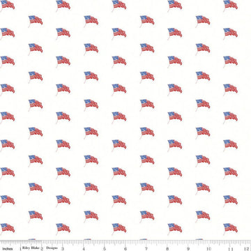 Image of Sew America USA Flags White quilting cotton fabric by J. Wecker Frisch for Riley Blake Designs. Features vintage American flags on a white background. Cute Little Fabric Shop.