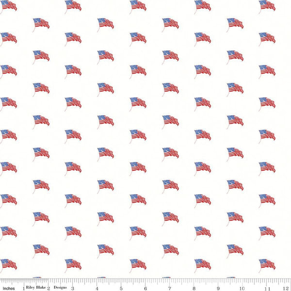 Image of Sew America USA Flags White quilting cotton fabric by J. Wecker Frisch for Riley Blake Designs. Features vintage American flags on a white background. Cute Little Fabric Shop.
