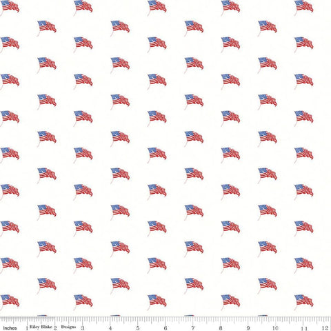 Image of Sew America USA Flags White quilting cotton fabric by J. Wecker Frisch for Riley Blake Designs. Features vintage American flags on a white background. Cute Little Fabric Shop.