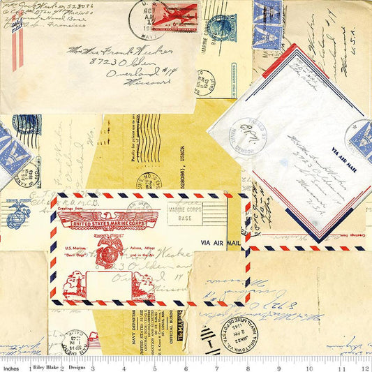 Image of Sew America Posts Parchment quilting cotton fabric by J. Wecker Frisch for Riley Blake Designs. Features vintage American postcards on a cream background. Cute Little Fabric Shop.
