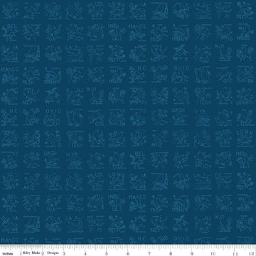 Image of Sew America State Birds Blue quilting cotton fabric by J. Wecker Frisch for Riley Blake Designs. Features vintage American state birds on a blue background. Cute Little Fabric Shop.