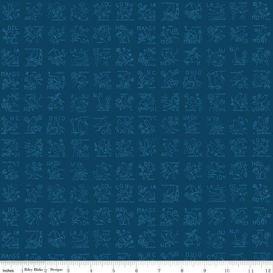 Image of Sew America State Birds Blue quilting cotton fabric by J. Wecker Frisch for Riley Blake Designs. Features vintage American state birds on a blue background. Cute Little Fabric Shop.