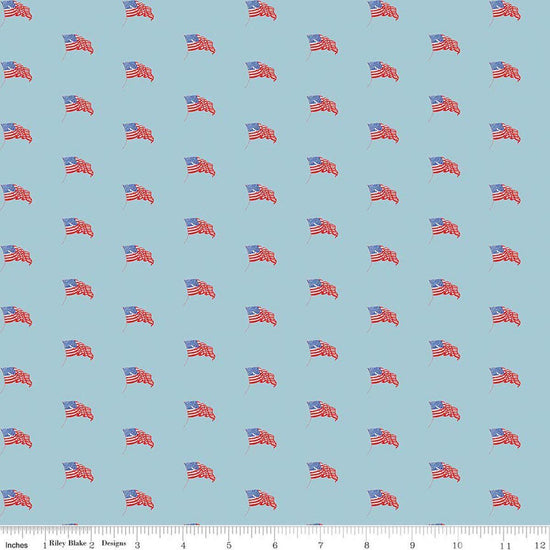 Image of Sew America USA Flags Blue quilting cotton fabric by J. Wecker Frisch for Riley Blake Designs. Features vintage American flags on a blue background. Cute Little Fabric Shop.