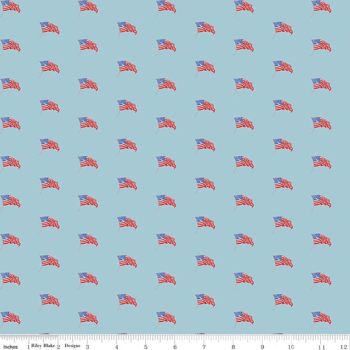 Image of Sew America USA Flags Blue quilting cotton fabric by J. Wecker Frisch for Riley Blake Designs. Features vintage American flags on a blue background. Cute Little Fabric Shop.